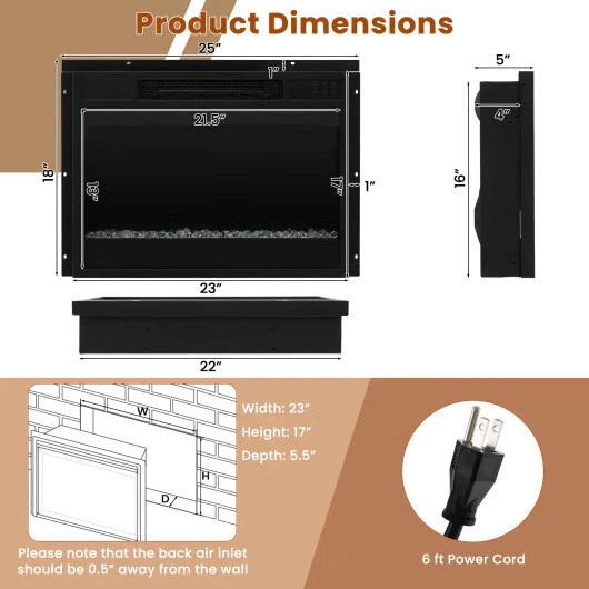 23 Inch 1500W Recessed Electric Fireplace Insert with Remote Control-Black - Col - Image 4 of 4