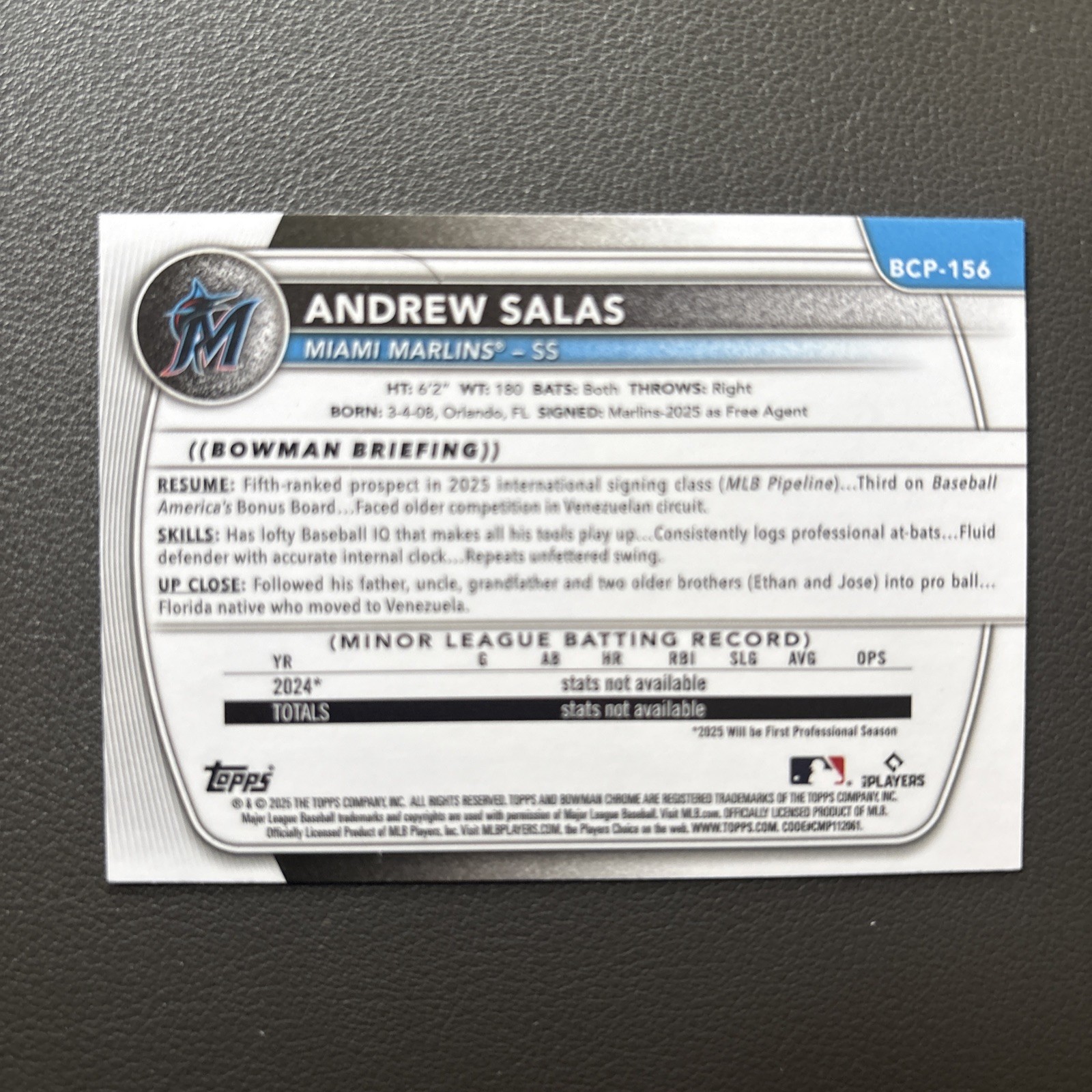 2025 Bowman Chrome #BCP-156 Andrew Salas - Bowman 1st Chrome Prospects