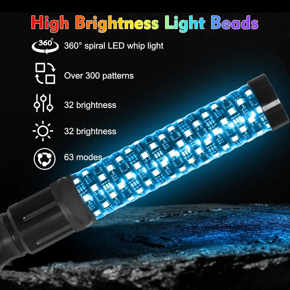 2PCS 1FT Fat LED Whip APP Antenas Whip Light For Can-Am Maverick X3 Max 1000R - Image 2 of 4