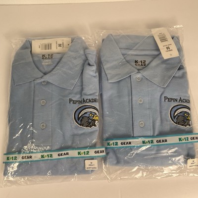 K-12 Gear Lot of 2 Adult M Blue Polo Shirt Short Sleeve New Pepin Academies Logo
