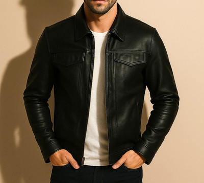 Mens Black Cafe Racer Leather Jacket Genuine Sheepskin Biker Motorcycle Slim Fit