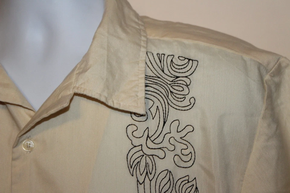 HABAND Guayabera Mens Large Short Sleeve Button Shirt Poly/Cotton Pockets Yellow - Image 4 of 4