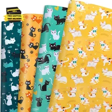 12 Sheets Cat Wrapping Paper, Cute Kitties and Paw Print Gift Wrap for Birthdays