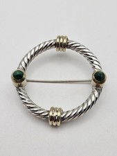925 Vintage Sterling Silver And Brass Malachite Brooch/ Pin 19.6 Grams