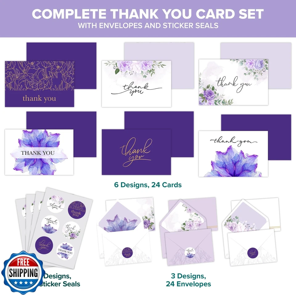 Pack de 24 tarjetas de agradecimiento decorativas de 6x4 pulgadas púrpura con sobres y pegatinas, 6 Foto 2 de 4