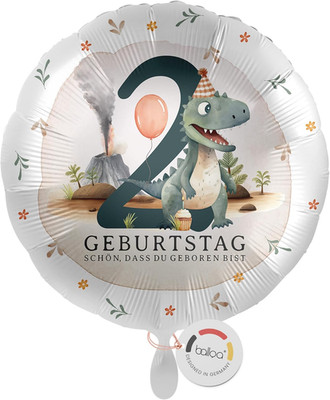 Folienballon 2 Jahre rund Dino mit Vulkan, Geschenk zum zweiten Kindergeburtstag
