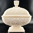 Vintage JEANETTE Shell Pink Milk Glass Covered Candy Dish Acorn & Leaf Pattern