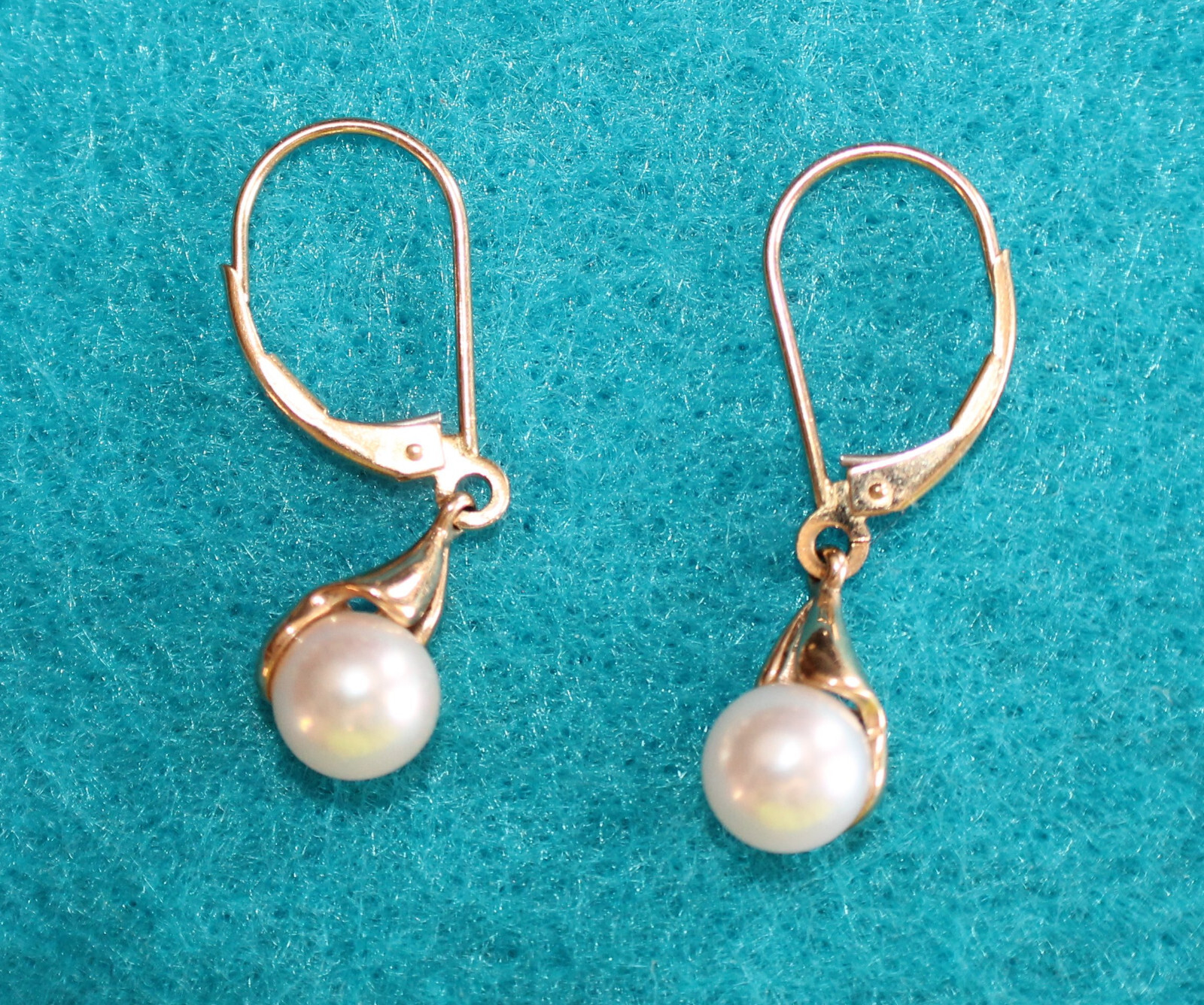 VINTAGE 14K YELLOW GOLD 6.5mm PEARL DANGLE/DROP LEVERBACK EARRINGS 2