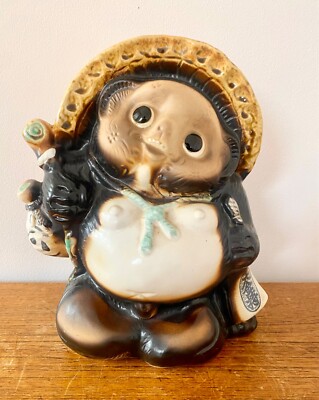 Vintage japanische Tanuki Statue Keramik Waschbär Hund Shigaraki Glücksbringer groß