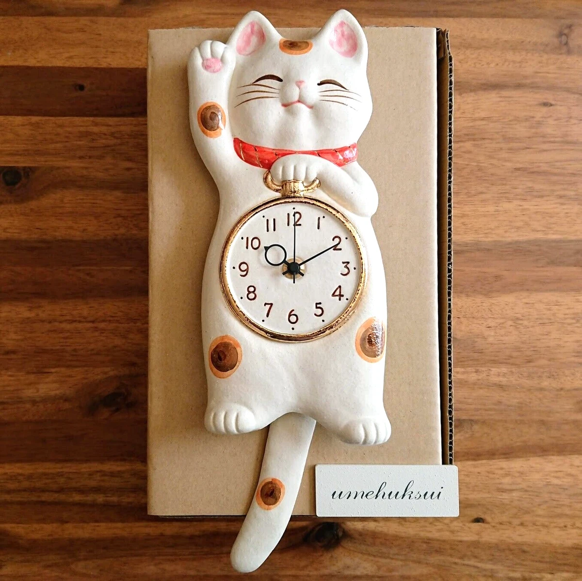 Japanese White Lucky Cat Manekineko Pendulum Wall Clock Pottery SETO Ware  Gift