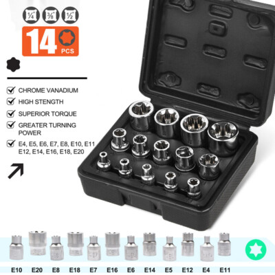 14x Torx Steckschlüssel Satz E4-E24 NÜSSE 1/2 3/8 Zoll AUßENTORX Nuss Stecknüsse