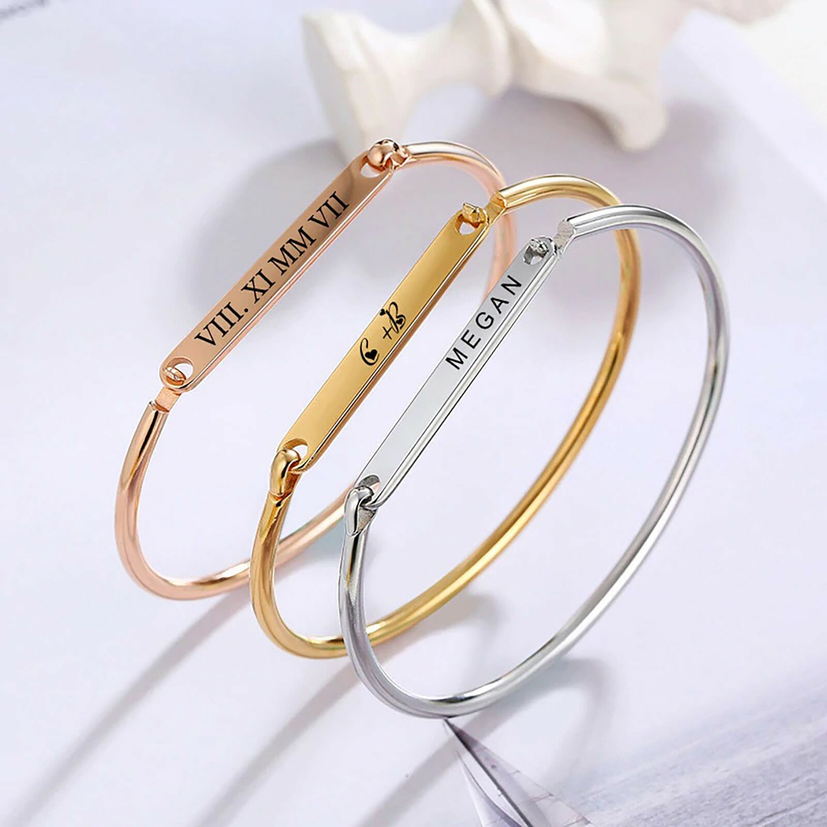Personalized Custom text Engraved Name Stainless Steel bar Bracelet Bangle  cuff