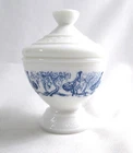 Beautiful VTG Milk Glass Dish with Lid ~Lovely Blue Asian Design, Belgian Origin