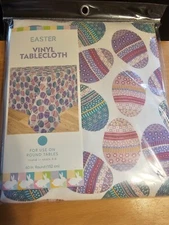 FLANNEL BACK VINYL TABLECLOTH 60" Round (4-6 people) MULTICOLOR EASTER EGGS