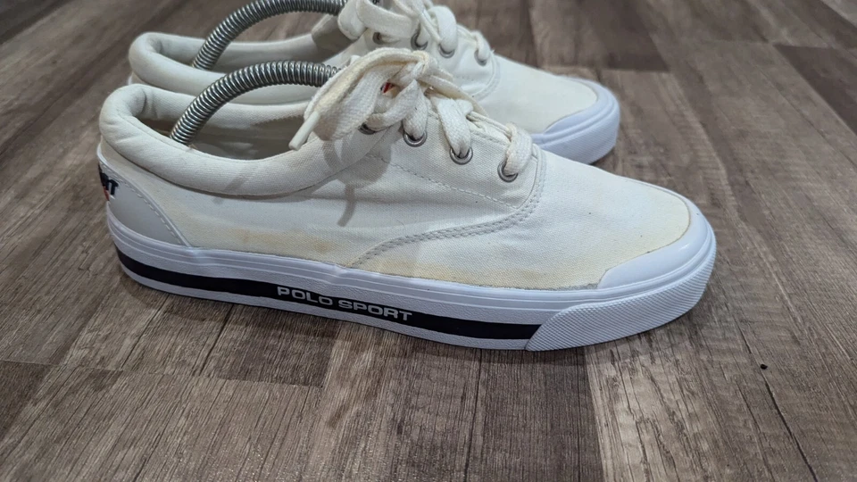 Vintage 90s Polo Sport Ralph Lauren Canvas Shoes Sz 9B Cream Spellout Deck Shoes - Image 4 of 4