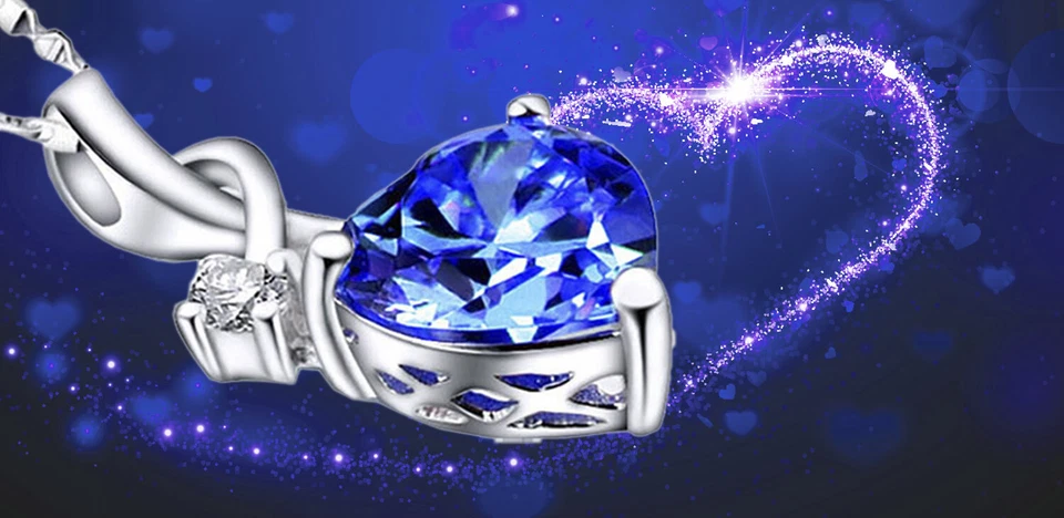 Colar pingente feminino prata esterlina coração simulado safira azul pedra do nascimento - Imagem 4 de 4