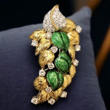 Vintage 1960’s 18K Platinum Diamond Enamel Leaf Brooch Pin 2.50cttw