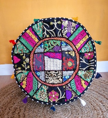 Indische handgefertigte runde ethnische Stickerei Vintage Patchwork Fußbank Pouf Bezug