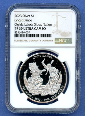 #ad 2023 NGC PR69 UCAM Oglala Lakota Sioux Nation America .999 Silver $1 Ghost Dance $244.95