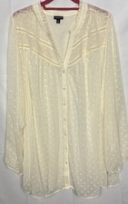 Torrid 6X Ivory Chiffon Clip Dot Lace Trim Long Sleeve Button Front Blouse Top