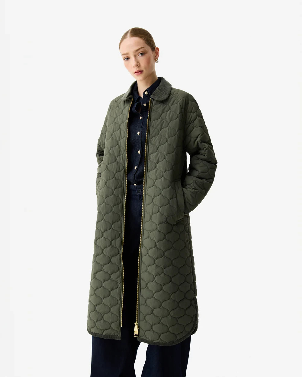 Chaqueta de abrigo acolchada larga Hunter para mujer - resistente al agua - negra/verde