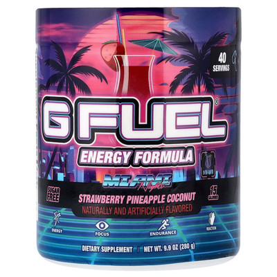 G FUEL Energy Formula, Miami Nights, Strawberry, Pineapple, Coconut, 9.9 oz
