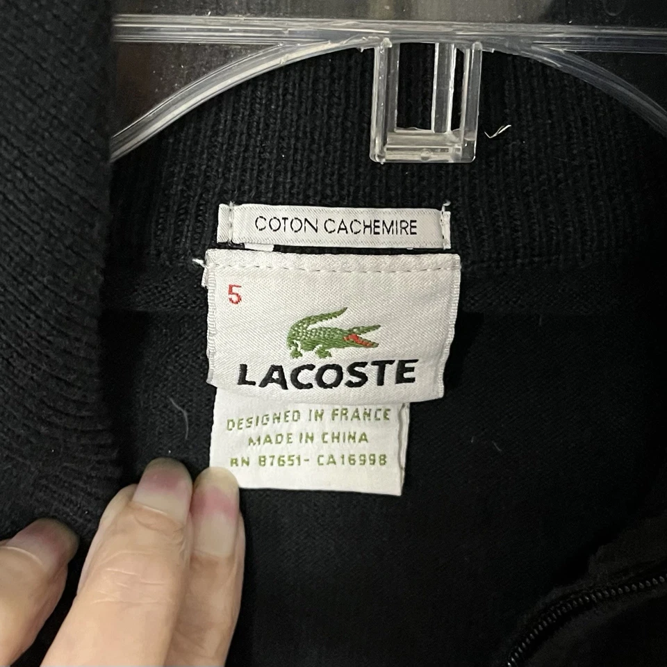 Suéter Lacoste Para Hombre Talla 5 Grande Negro 1/4 Cremallera Cuello Pullover Algodón Cachemira Foto 3 de 4