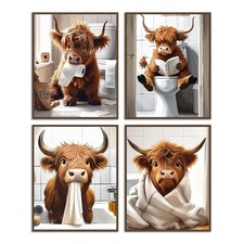 4Pcs Funny Highland Cow Wall Art Pictures Rustic Cow Canvas Prints for Bathr
