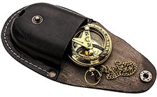Brass Sundial Compass with Leather Case and Chain - Push Open Compass -