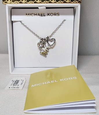 Michael Kors Logo 3 Charm Heart Women's Necklace Silver Tone NEW w/ Tags & Box