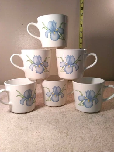 Corningware Cups    “Blue Iris”.  set of 6 Coffee Mugs Milk Glass 