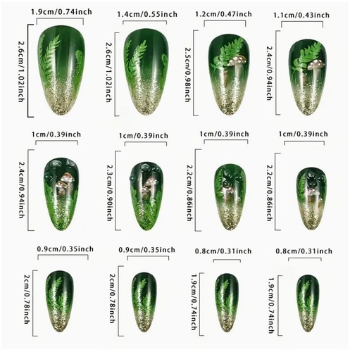 24pcs Green Leaf Glitter Press-On Nails Set, Almond-Shaped, Wood Fairy Theme - 第 4/8 張圖片