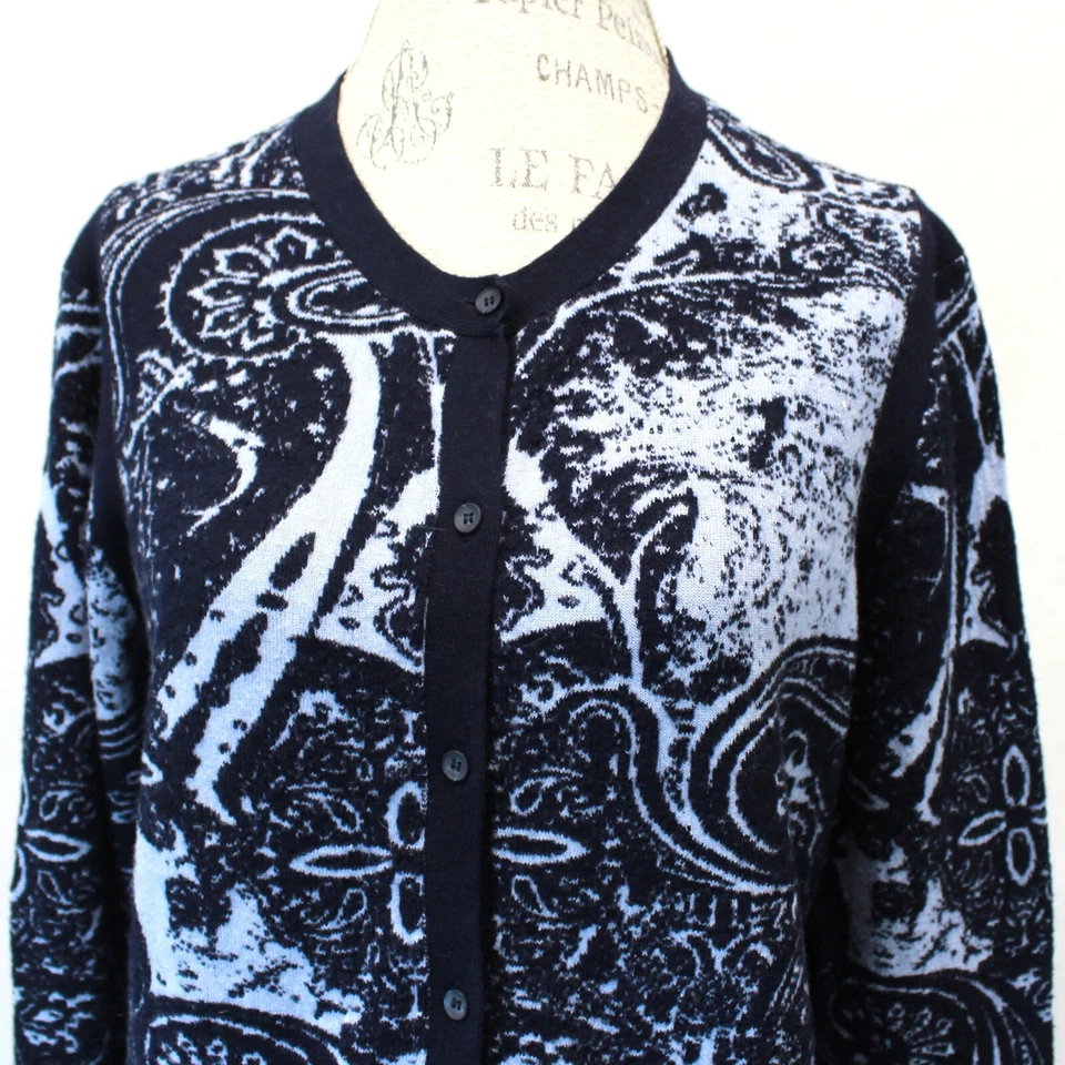 Cardigã suéter feminino Basler lã viscose bolsos azuis botão paisley tamanho 44 - Imagem 3 de 4