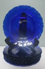 DURALEX BORMIOLI ROCCO Rivage Salad Plates Cobalt Blue Swirl France SET OF 8