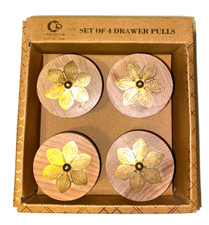 Casa Decor 4 Drawer Pulls Knobs Home Decor Wooden Gold Flower Handcrafted New