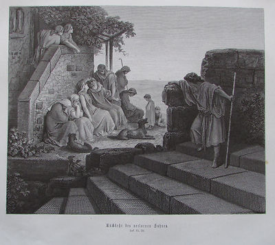 Rückkehr des verlorenen Sohnes von Gustave Dore - Holzstich um 1870 Stich Druck