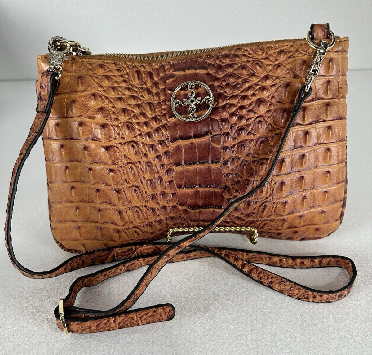 Stauer Cognac Faux Crocodile Embossed Textured Detachable