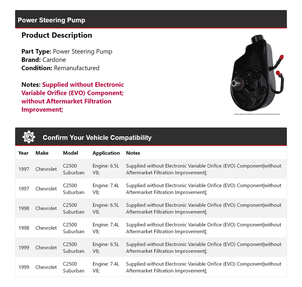 Bomba de dirección asistida Cardone 1998 para Chevrolet C2500 Suburban 1997-1999 Foto 2 de 4