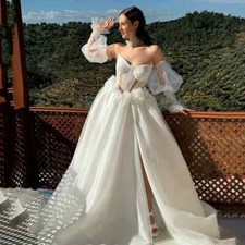 Lace Boho Wedding Dresses A Line Long Sleeve Deep V Neck 3D Lace Appliques Gowns