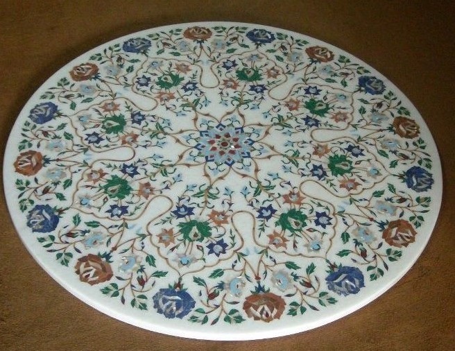 Handcrafted 36-Inch White Marble Dining Table with Artisanal Inlay