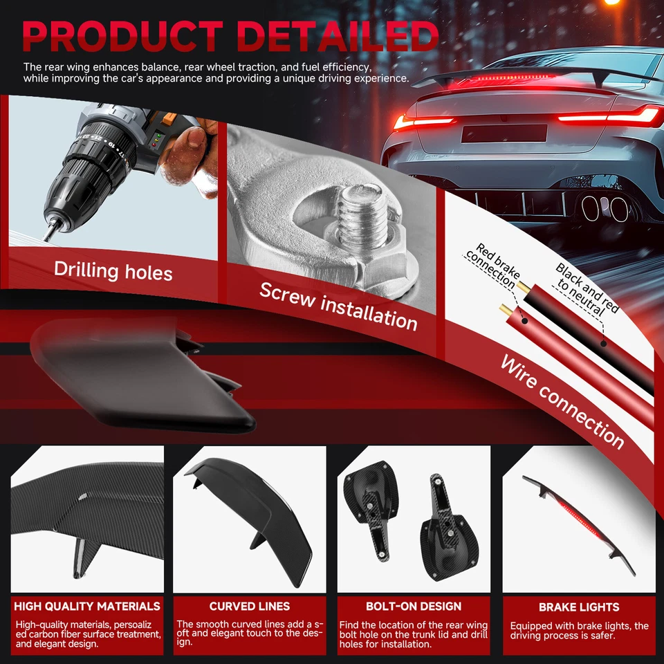 Спойлер крыло для заднего багажника Buick Regal CXL GS 52 дюйма углерод со светодиодным стоп-сигналом - Изображение 2 из 4