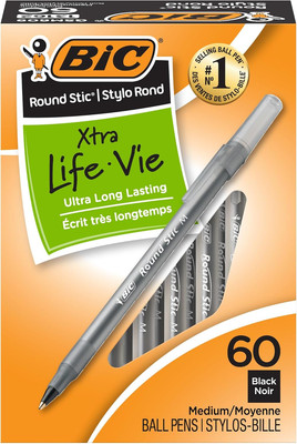 round Stic Xtra Life Black Ballpoint Pens, Medium Point Pens (1.0Mm), 60-Count P