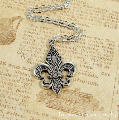 Silver Fleur De Lys Charm Necklace French Lily Flower Symbol Pendant Jewelry