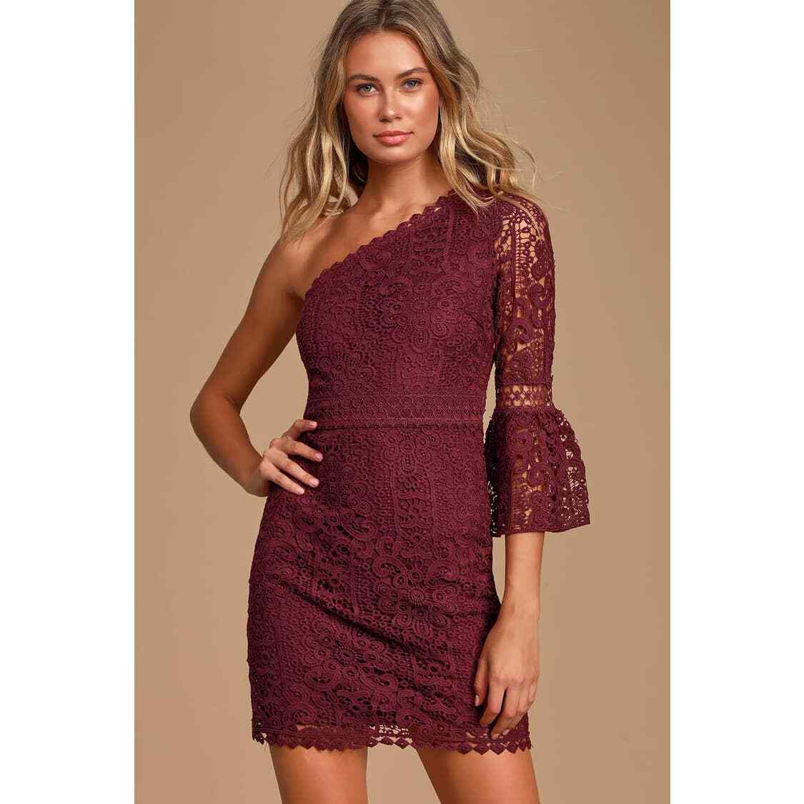 Lulus Dreamy Date Burgundy Crochet Lace One-Shoulder Mini Holiday Party  Dress | eBay UK