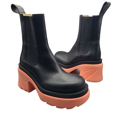 Bottega Veneta Boots Flash Black Leather Chelsea Pink Heels Platform 7.5/ 37.5