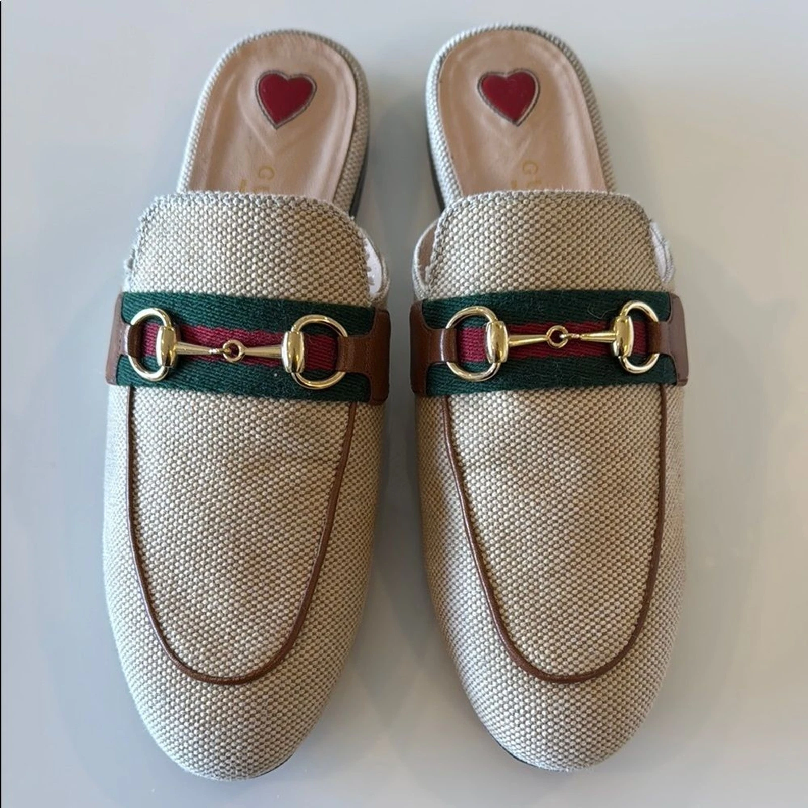 Chaussures Gucci beige marron toile Princetown rayures Horsebit Mules pointure EU 36 / US 6