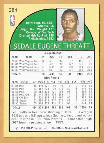 SEDALE AMENAZA SEATTLE SUPERSONICS #284 NBA HOOPS 1990-91 - Imagen 2 de 2