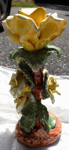Vtg Capodimonte Double Candle V Holders Ornate Yellow roses Green Leaves Italy - Picture 7 of 16
