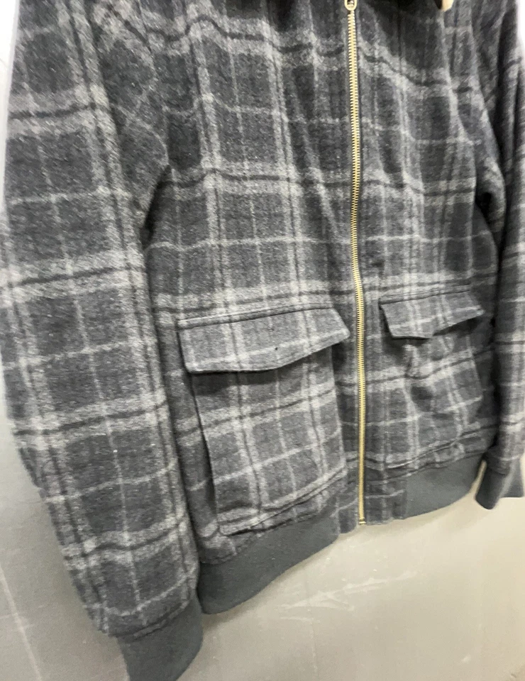 Chaqueta Jack Threads Hombre M Gris Mezcla de Lana a Cuadros Cuello Sherpa Cremallera Completa Abrigo Foto 3 de 4