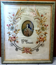 BELLISSIMO ED ANTICO QUADRO RAFFIGURANTE SANTA TERESA - TELA RICAMATA A MANO -